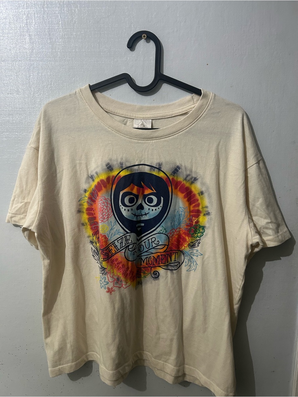 Disney Coco Cream Graphic Tee with Multicolor Skull and Floral Heart